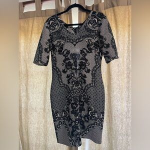 BARASCHI Indigo Navy Lace Print Dress sz 8 Stunning Body Con Anthropologie EUC